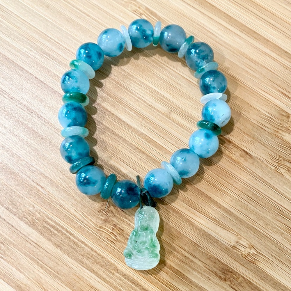 Nephrite Jadeite Jade Carved Buddha Bead Stretch Bracelet